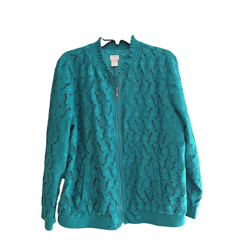 Chico's Green Floral Lace Zip Front Long Sleeve Bomber Jacket‎ Womans Size 3/XL